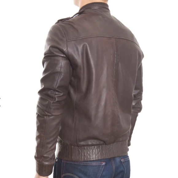 AllSaints Leather ‘Jack’ Bomber Jacket UK Size Large Brown Autumn Winter - Picture 4 of 11